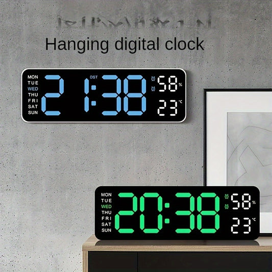 Large 12/24H Digital Wall Clock with Temperature and Humidity Display - Brightness Adjustable, LED Table Alarm Clock with Week Display, Electronic Snooze Function, Compact Design for Home or Office