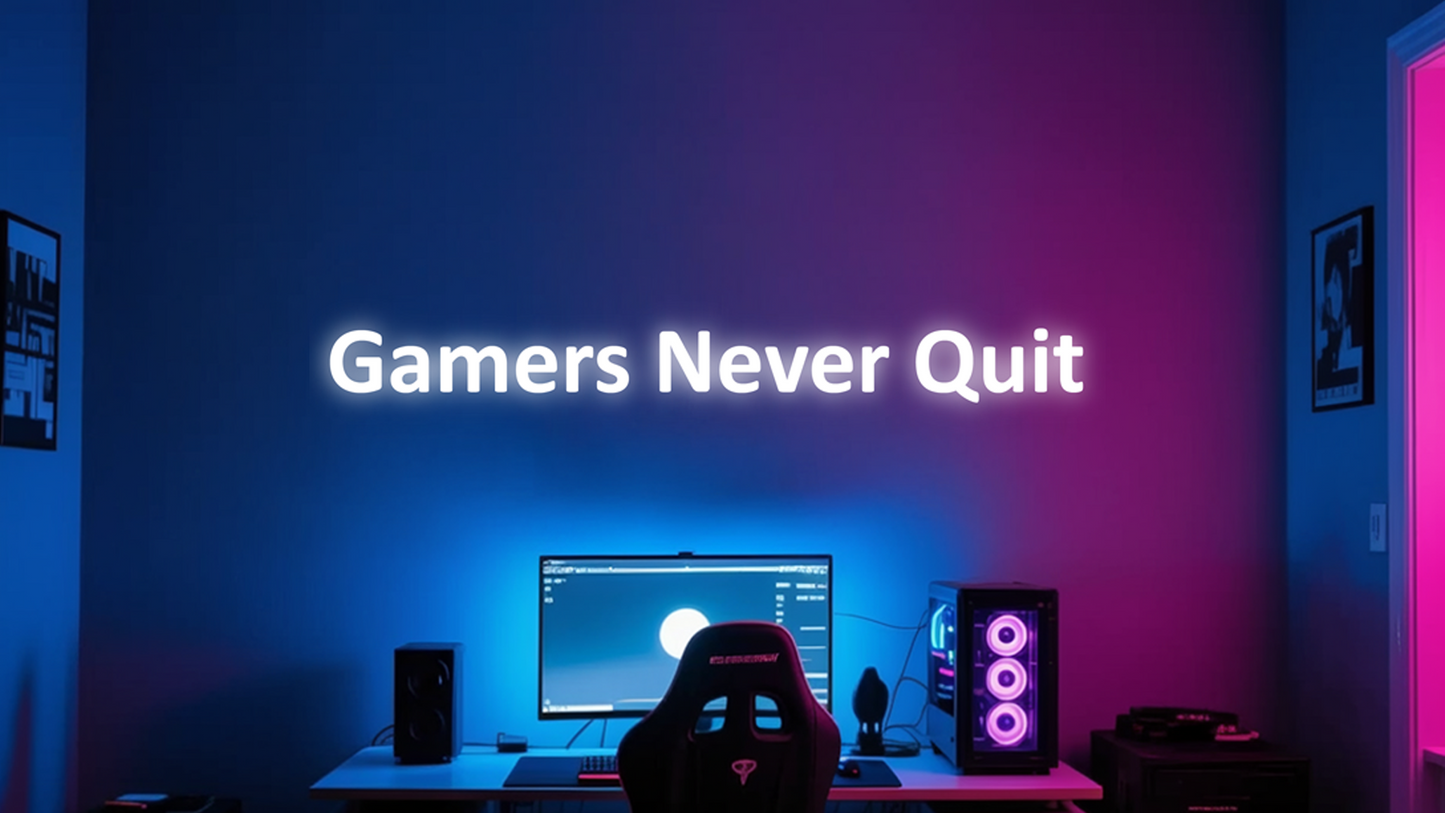 Gaming setup with 'Gamers Never Quit' neon sign on a dark wall. - Illuminated Letters custom - Vibewall