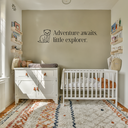 Charming wall decor featuring small illustration of a ferret paired with the inspiring phrase “Adventure awaits, little explorer.”. Acrylic glass decor - Vibewall