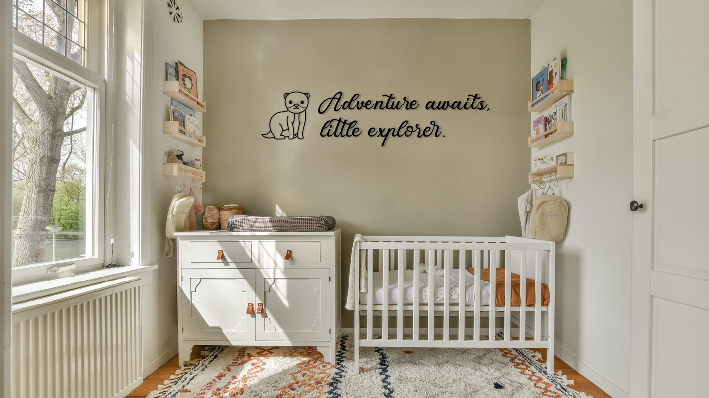 Charming wall decor featuring small illustration of a ferret paired with the inspiring phrase “Adventure awaits, little explorer.”. Acrylic glass decor - Vibewall
