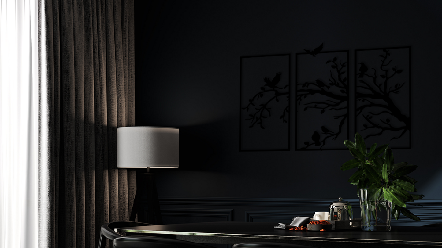 The artwork is composed of three vertically oriented rectangular panels, each showcasing a delicately perched birds resting on a branches with one bird flying to them. Acrylic glass decor - Vibewall