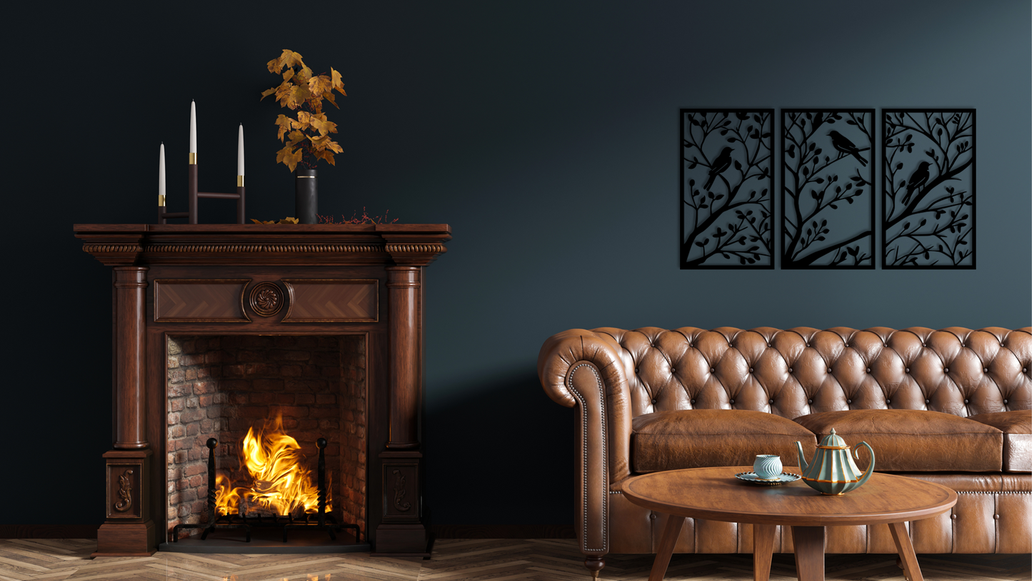 Birds on Branches Wall Art design features three vertically aligned rectangular frames, each containing a delicate branch with a bird perched peacefully on it. Acrylic glass decor - Vibewall