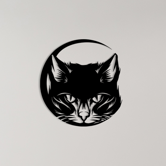 Cat & Crescent Moon Wall Art is featuring a sleek cat’s head gazing forward in front of a thin crescent moon. Acrylic glass decor - Vibewall