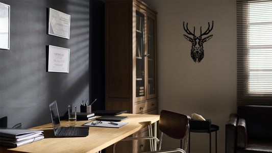 Deer Face Wall Art is featuring a finely detailed front-facing deer head with antlers. Acrylic glass decor - Vibewall