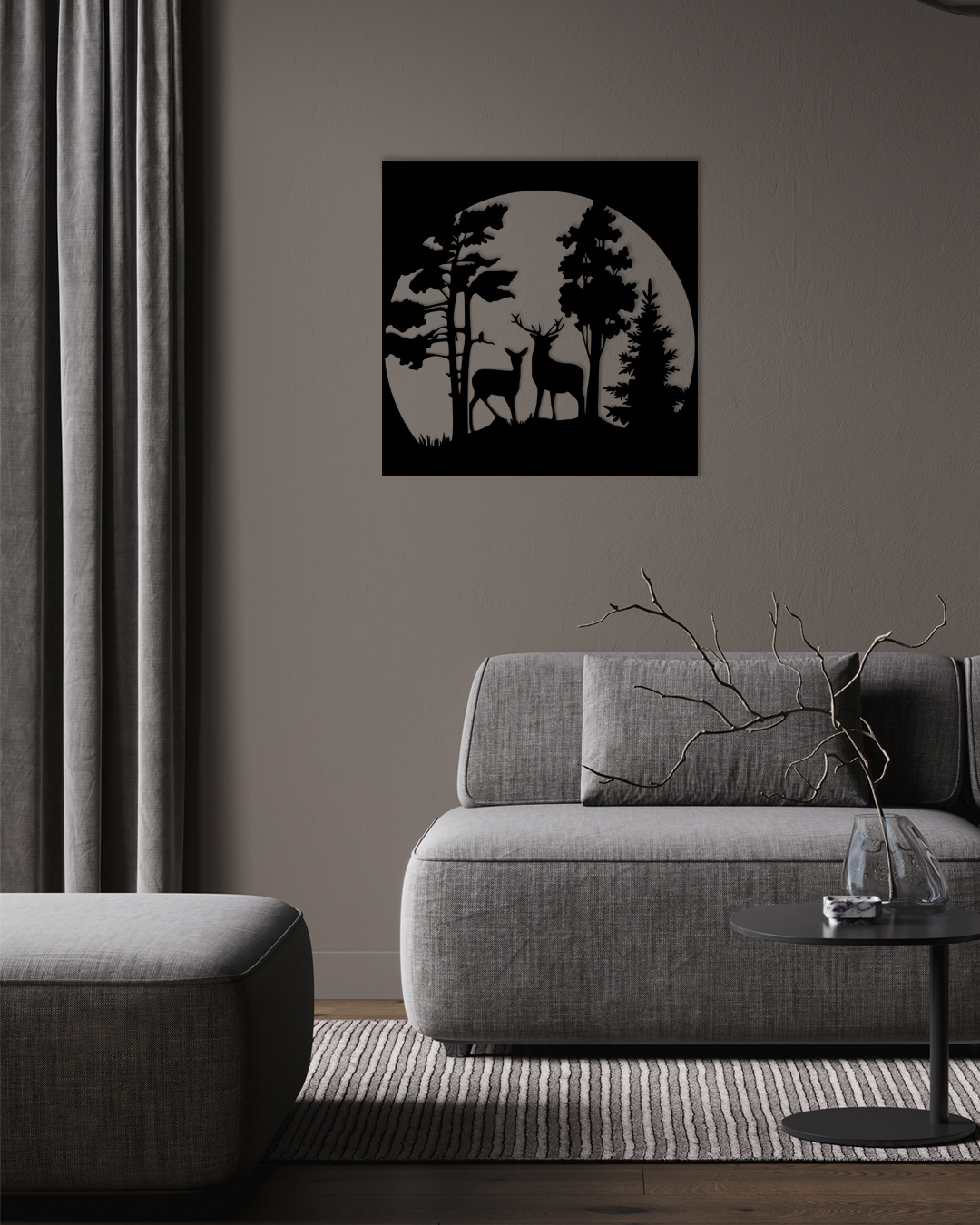 This design features two deer standing gracefully among tall trees, bathed in the silhouette of a full moon. Acrylic glass decor - Vibewall