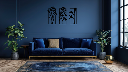 Flower Panel Wall Art is vertical display featuring three distinct floral silhouettes - rose, daisy, and calla lily - each displayed within a tall rectangular frame. Acrylic glass decor - Vibewall