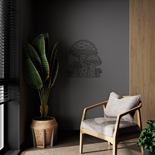 Geometric Mushroom Wall Art, design features six stylized mushrooms made entirely of intersecting straight lines that form a striking pattern of small triangles. Acrylic glass decor - Vibewall