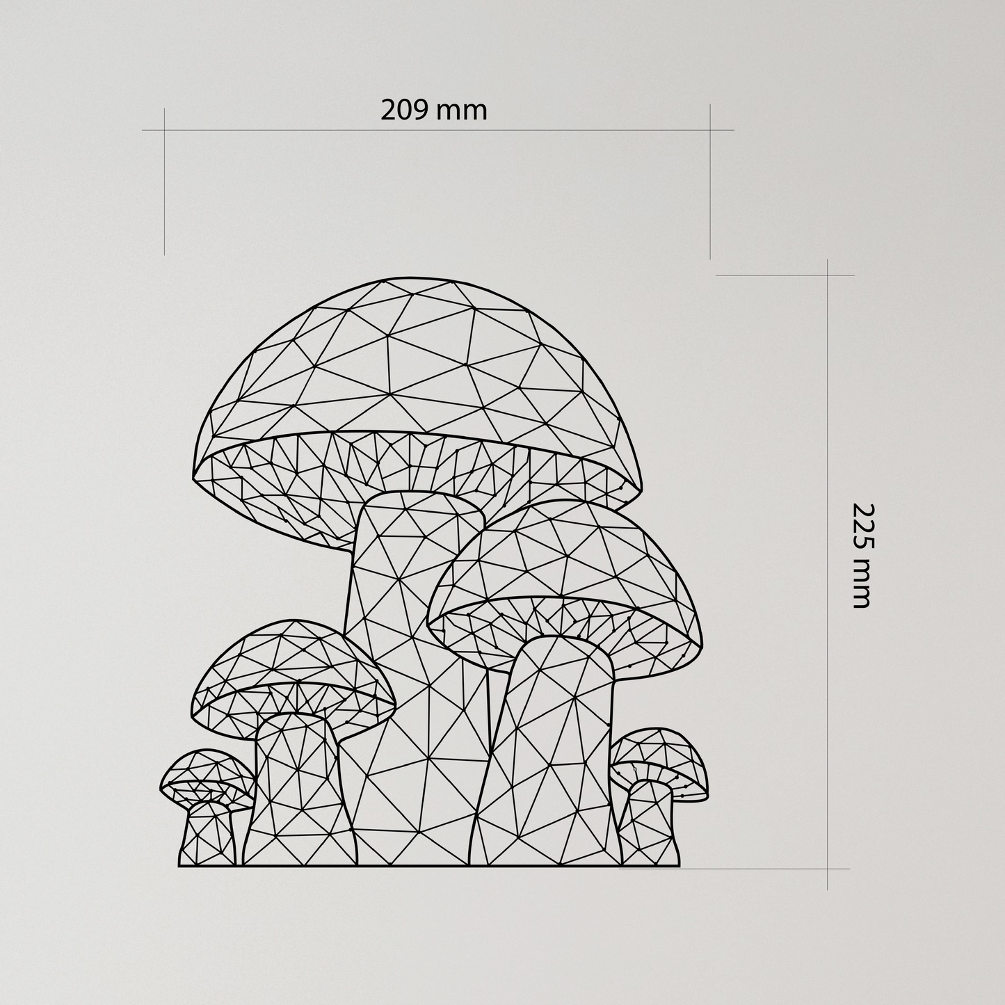 Geometric Mushroom Wall Art, design features six stylized mushrooms made entirely of intersecting straight lines that form a striking pattern of small triangles. Acrylic glass decor - Vibewall