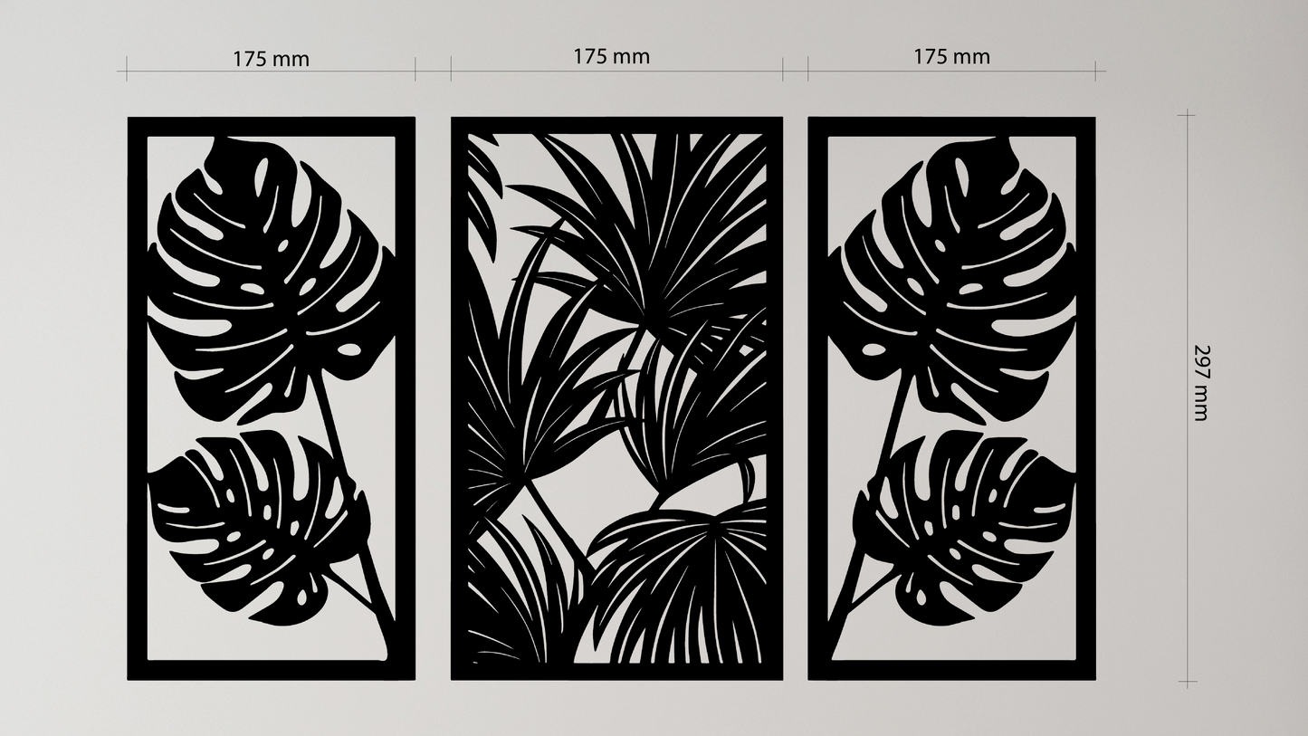3-piece set features bold tropical leaf designs, each elegantly framed in a rectangular panel. Acrylic glass decor - vibe-wall