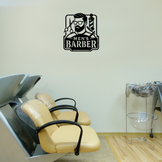 Barber shop interior with a 'Men's Barber' logo on the wall. Vibewall - Acrylic wall decor