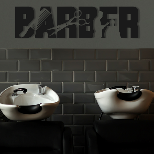 Two white hair washing bowls against a dark tiled wall with 'BARBER' sign. Acrylic wall decor - Vibewall
