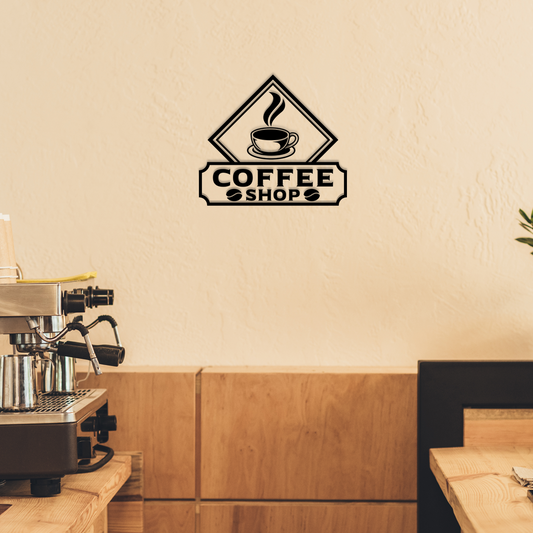 Coffee shop logo on a wall with a coffee machine and counter in the foreground. Acrylic wall decor - Vibewall