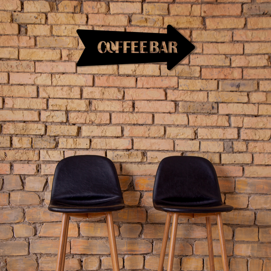 Two black stools in front of a brick wall with a 'Coffee Bar' sign. Acrylic wall decor - Vibewall