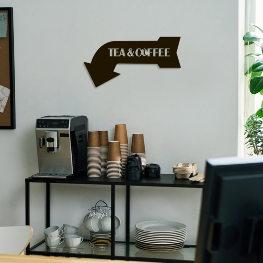 Coffee station with coffee machine, cups, and decorative elements on a shelf. Acrylic wall decor - Vibewall