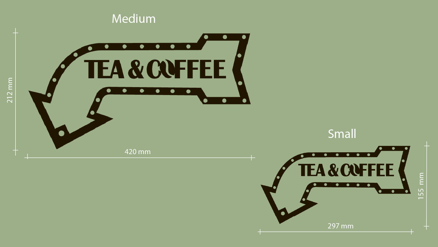 Dimensions of 'Tea & Coffee' signs on a green background - Acrylic glass wall decor - Vibewall