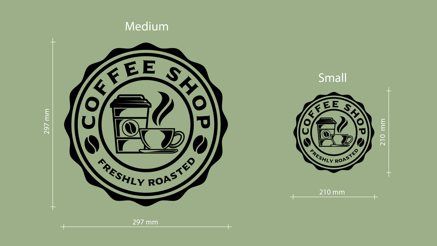 Two coffee shop-themed logos with measurements on a green background - Acrylic wall decor - Vibewall