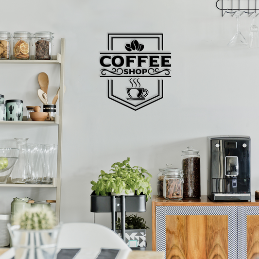 Decorative wall sign for a coffee shop in a kitchen setting with shelves and appliances. Acrylic glass wall decor - Vibewall