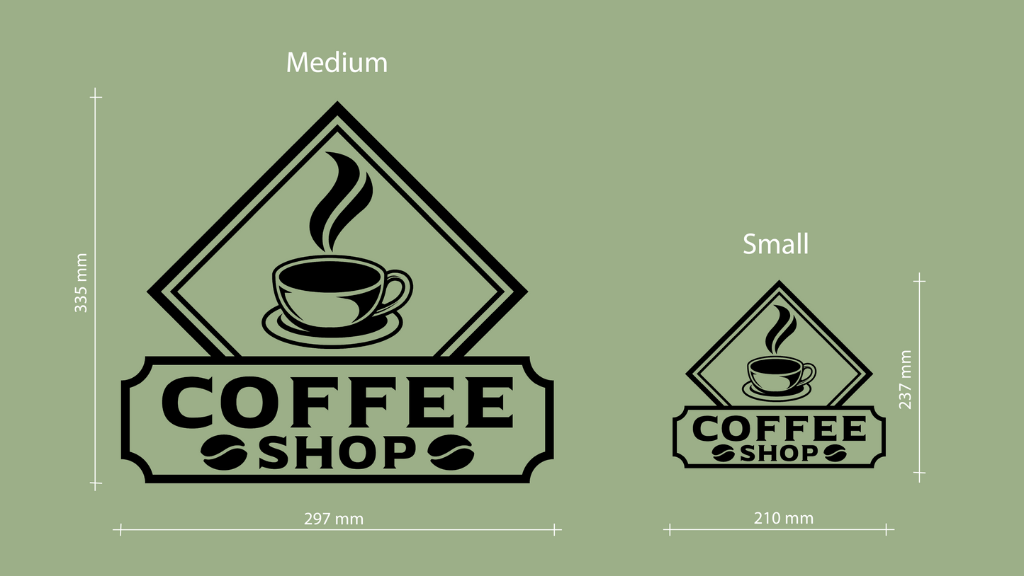 Comparison of medium and small coffee shop signs on a green background - Acrylic wall decor - Vibewall