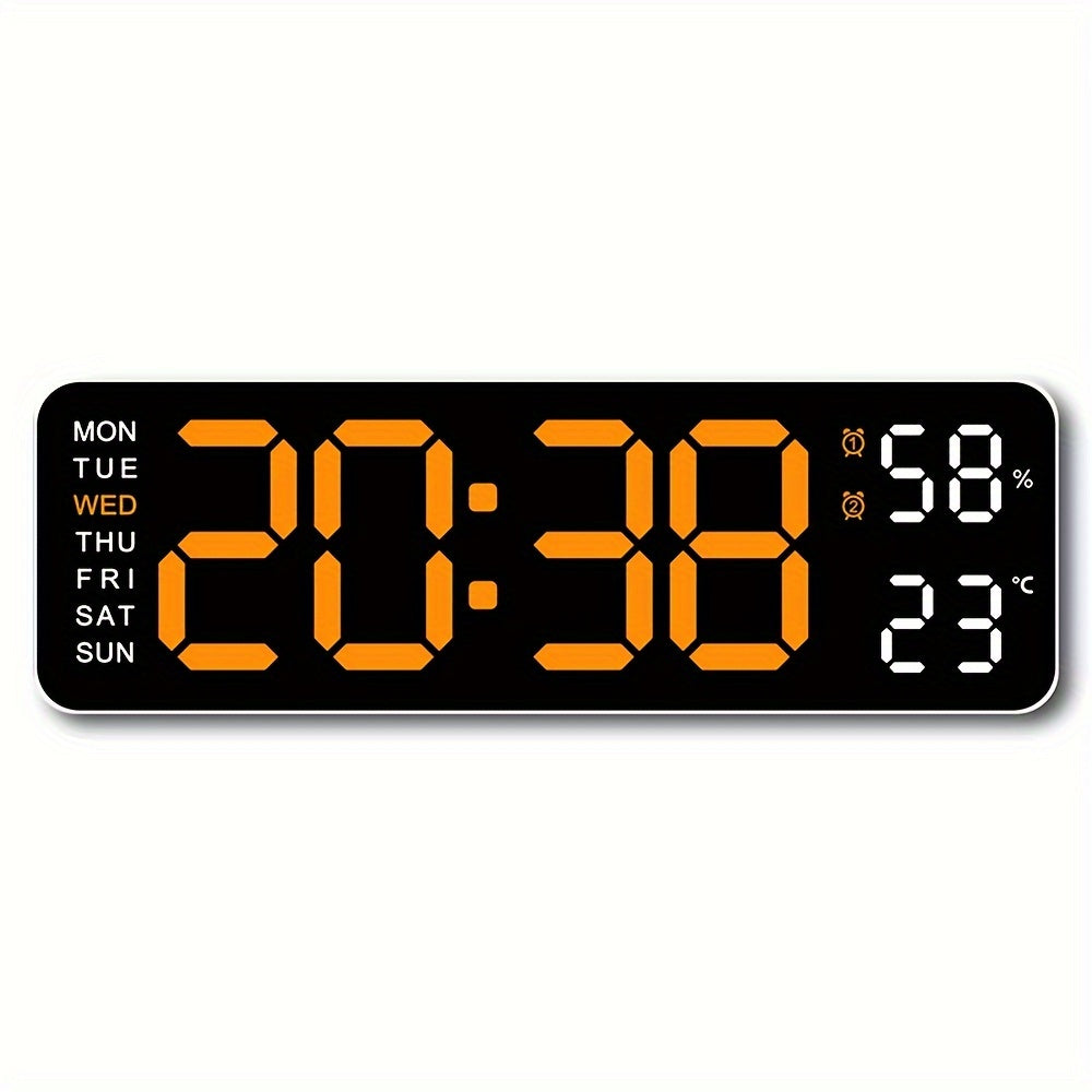 Large 12/24H Digital Wall Clock with Temperature and Humidity Display - Brightness Adjustable, LED Table Alarm Clock with Week Display, Electronic Snooze Function, Compact Design for Home or Office