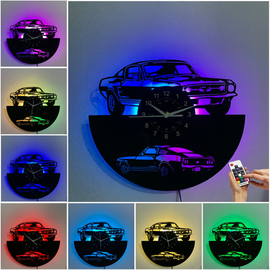 Handmade Vintage Car-Themed LED Wall Clock with Remote Control & 7-Color Night Light - Silent Non-Ticking Large Face, Retro Automotive Design with Classic Muscle Car Silhouette - Garage, Living Room, Bedroom, Office Decor - I
