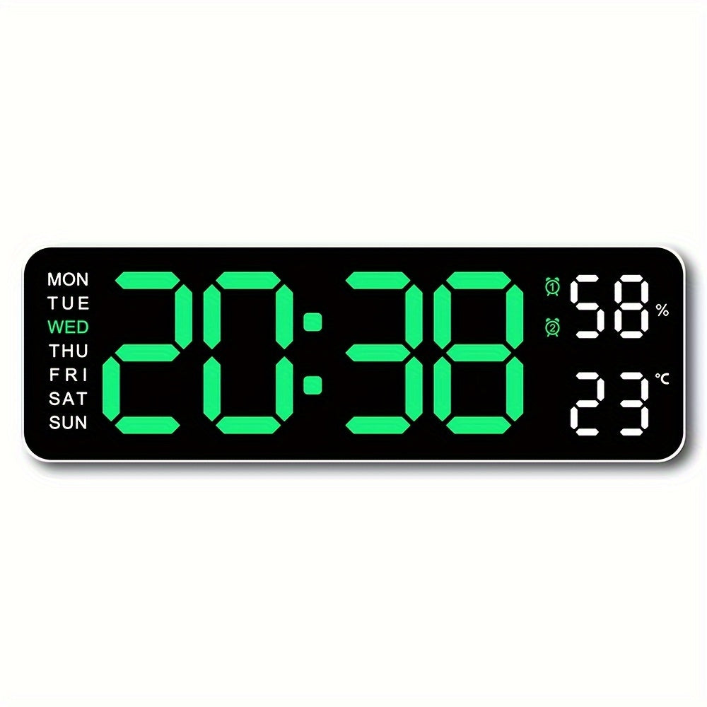 Large 12/24H Digital Wall Clock with Temperature and Humidity Display - Brightness Adjustable, LED Table Alarm Clock with Week Display, Electronic Snooze Function, Compact Design for Home or Office