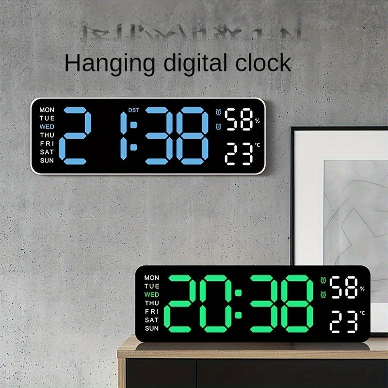 Large 12/24H Digital Wall Clock with Temperature and Humidity Display - Brightness Adjustable, LED Table Alarm Clock with Week Display, Electronic Snooze Function, Compact Design for Home or Office