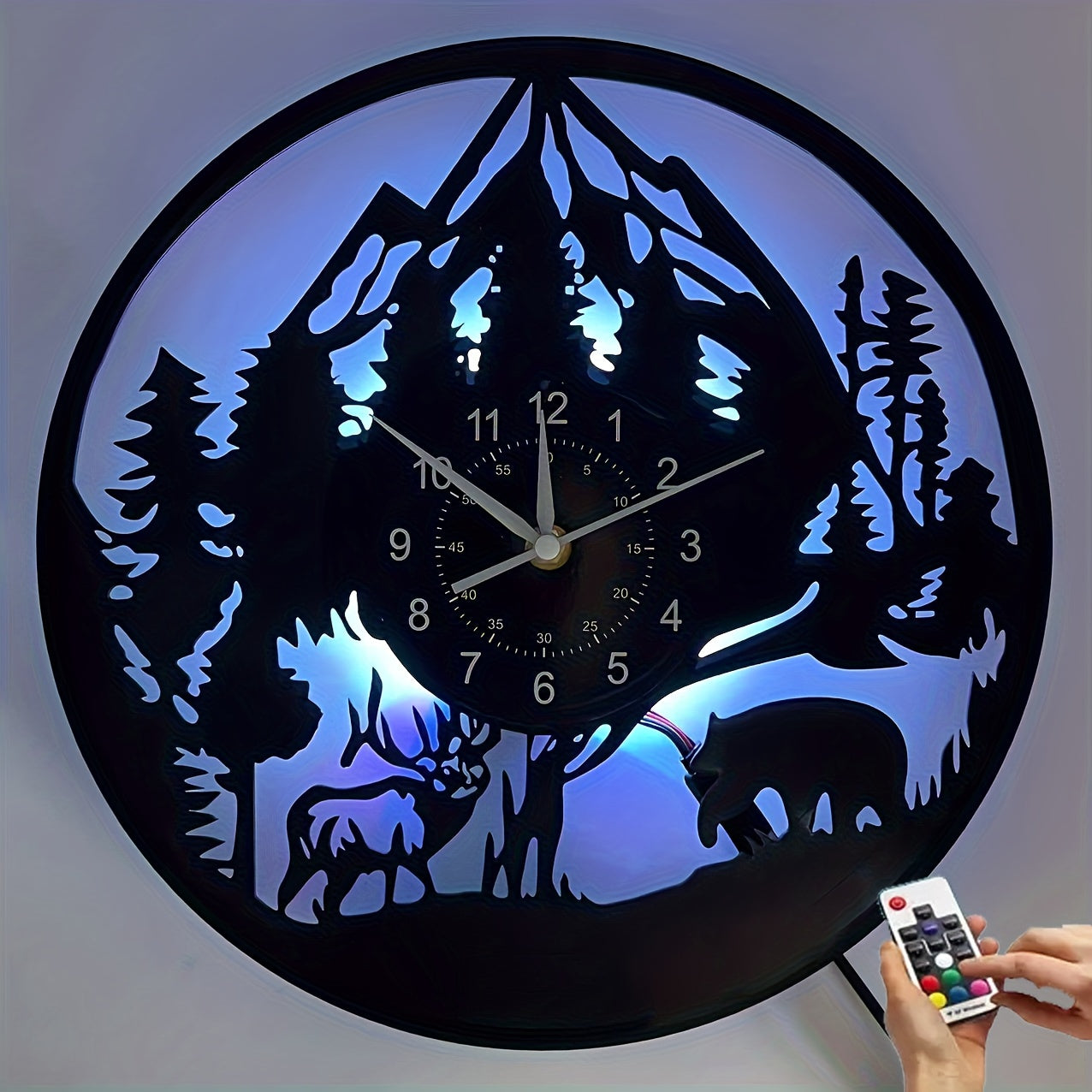 LED Lighted Forest Night Glow Wall Clock with Bear & Moose Silhouette - Modern Cabin Decor, Large Easy-Read Black Hands, Durable Vinyl Round Clock for Living Room, Bedroom, Office - Ideal Gift for Christmas, Birthday, Mother'