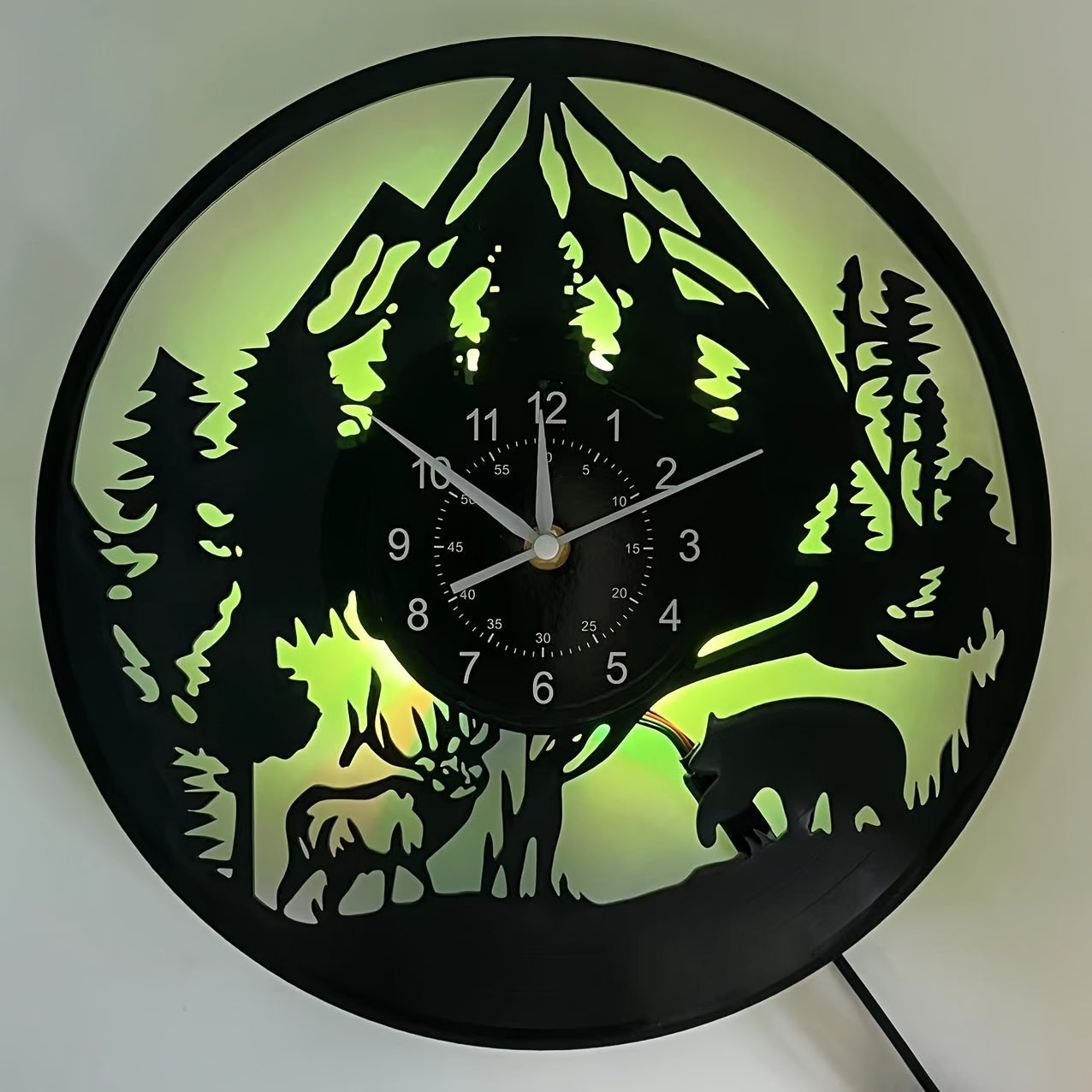 LED Lighted Forest Night Glow Wall Clock with Bear & Moose Silhouette - Modern Cabin Decor, Large Easy-Read Black Hands, Durable Vinyl Round Clock for Living Room, Bedroom, Office - Ideal Gift for Christmas, Birthday, Mother'