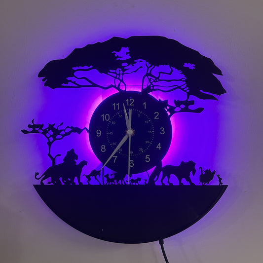 [Colorful Display] Silent Vinyl Record Wall Clock with LED Lights - African Animal Theme, Black Tree Design, Perfect for Home, Office, or Hotel Decor - Unique Gift for Halloween, Christmas, and Birthdays, Office Decor Piece |