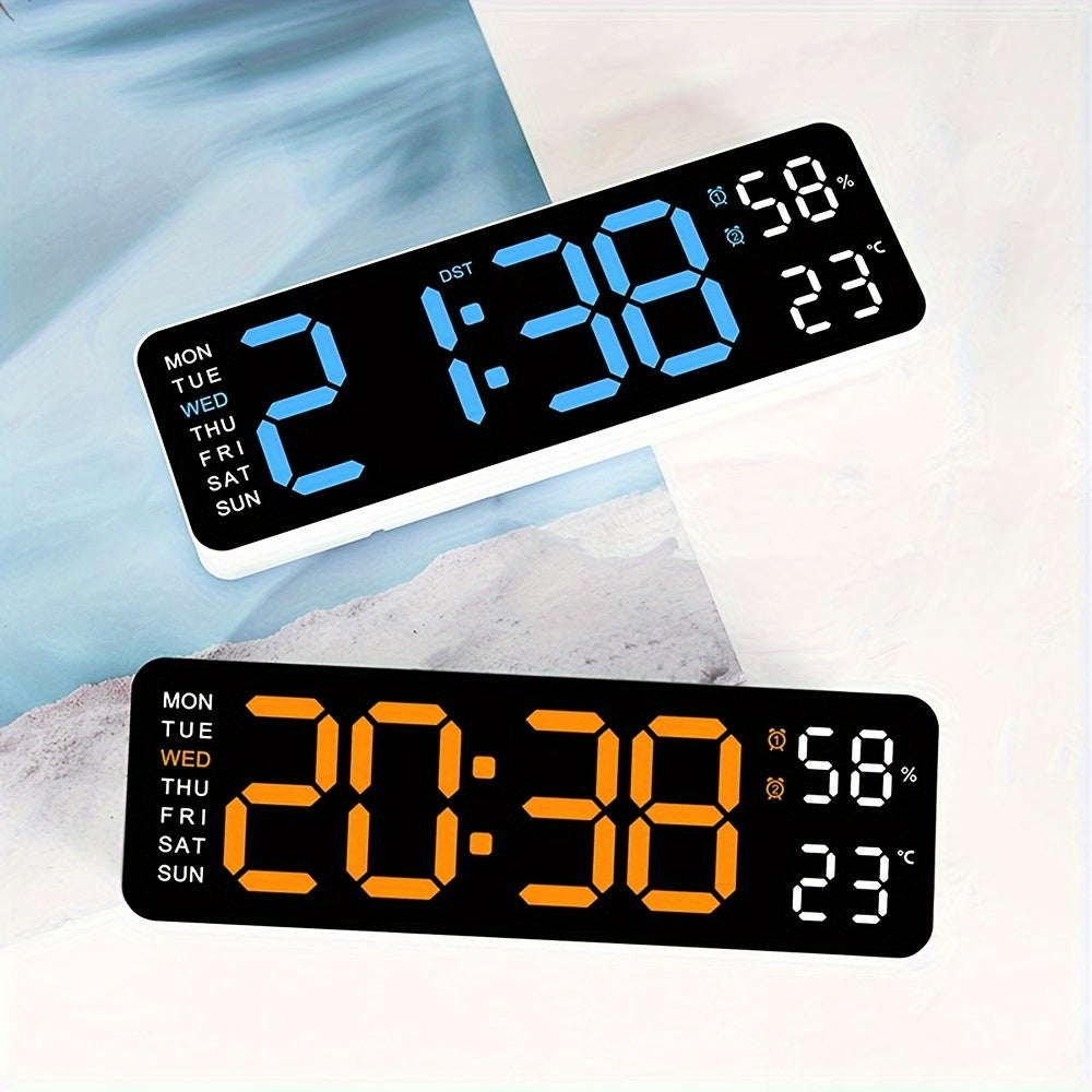 Large 12/24H Digital Wall Clock with Temperature and Humidity Display - Brightness Adjustable, LED Table Alarm Clock with Week Display, Electronic Snooze Function, Compact Design for Home or Office