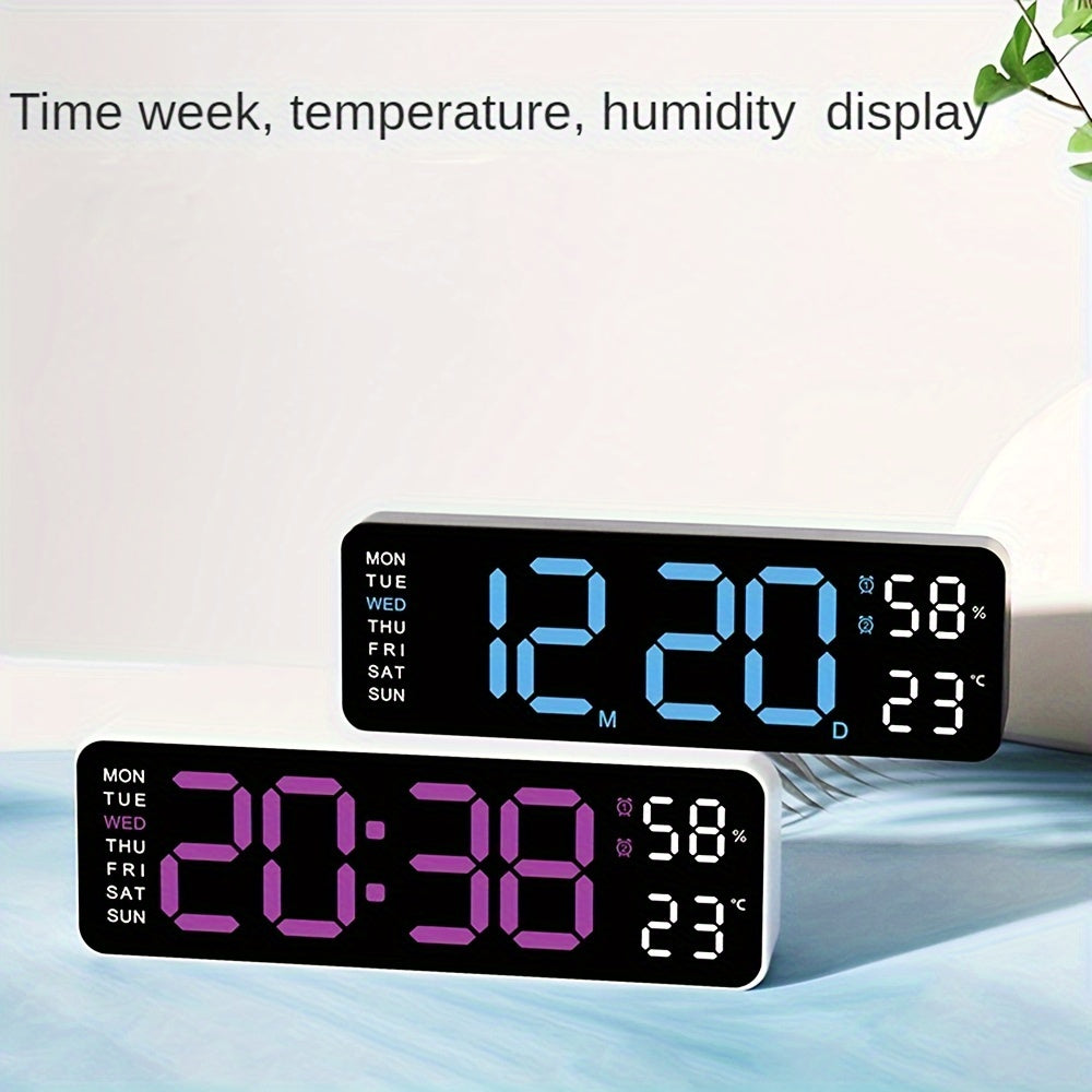 Large 12/24H Digital Wall Clock with Temperature and Humidity Display - Brightness Adjustable, LED Table Alarm Clock with Week Display, Electronic Snooze Function, Compact Design for Home or Office