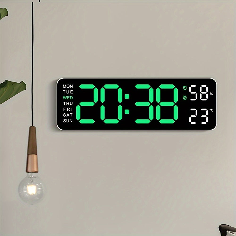 Large 12/24H Digital Wall Clock with Temperature and Humidity Display - Brightness Adjustable, LED Table Alarm Clock with Week Display, Electronic Snooze Function, Compact Design for Home or Office