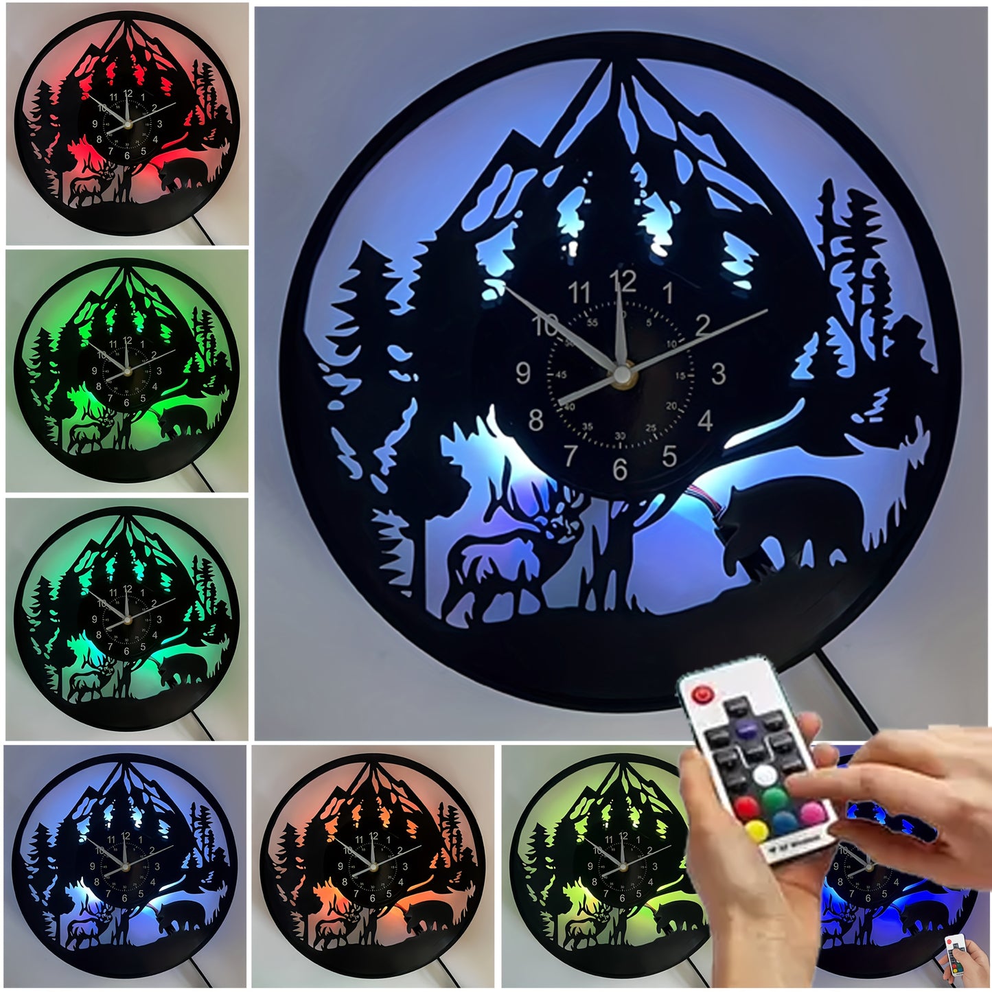 LED Lighted Forest Night Glow Wall Clock with Bear & Moose Silhouette - Modern Cabin Decor, Large Easy-Read Black Hands, Durable Vinyl Round Clock for Living Room, Bedroom, Office - Ideal Gift for Christmas, Birthday, Mother'
