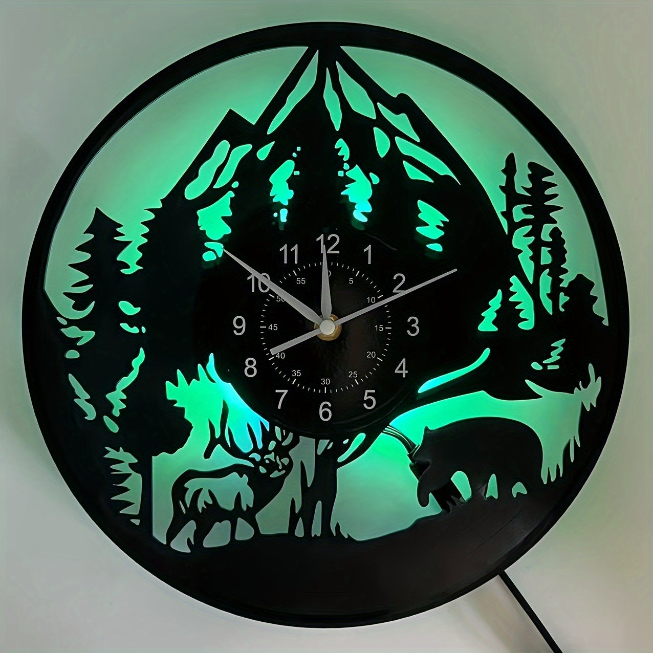 LED Lighted Forest Night Glow Wall Clock with Bear & Moose Silhouette - Modern Cabin Decor, Large Easy-Read Black Hands, Durable Vinyl Round Clock for Living Room, Bedroom, Office - Ideal Gift for Christmas, Birthday, Mother'