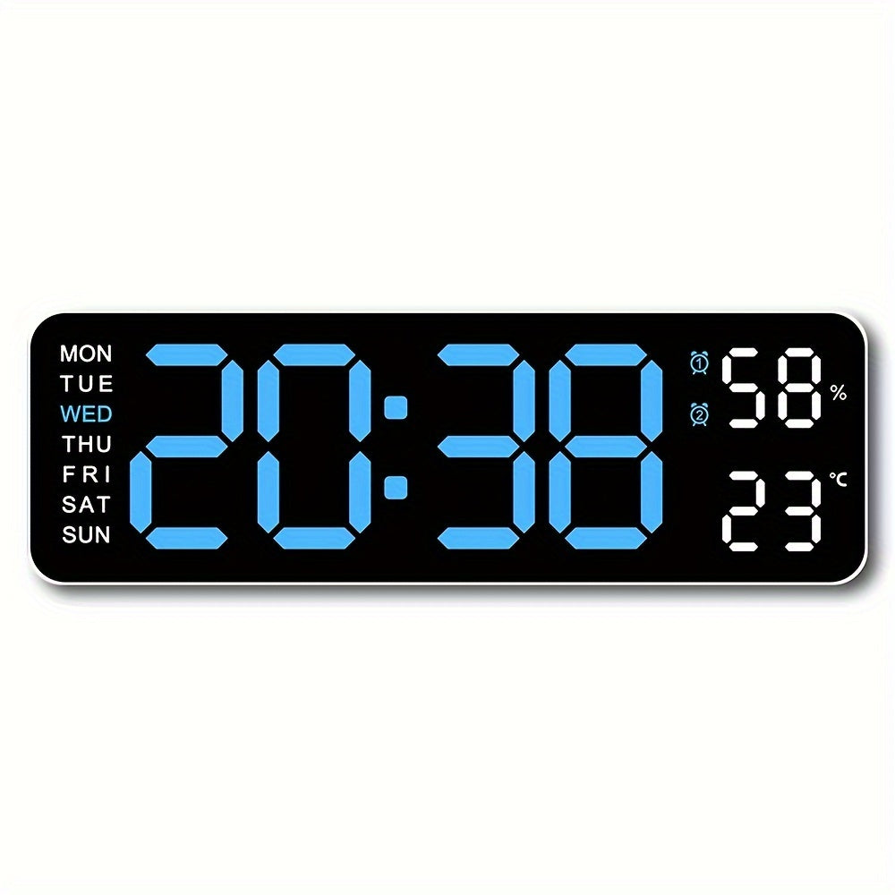 Large 12/24H Digital Wall Clock with Temperature and Humidity Display - Brightness Adjustable, LED Table Alarm Clock with Week Display, Electronic Snooze Function, Compact Design for Home or Office