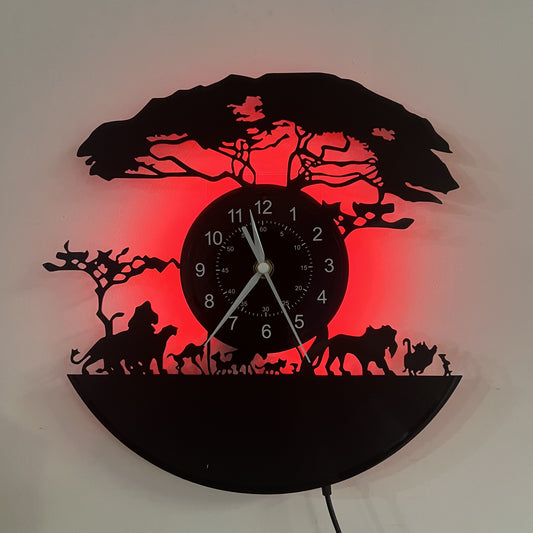 [Colorful Display] Silent Vinyl Record Wall Clock with LED Lights - African Animal Theme, Black Tree Design, Perfect for Home, Office, or Hotel Decor - Unique Gift for Halloween, Christmas, and Birthdays, Office Decor Piece |