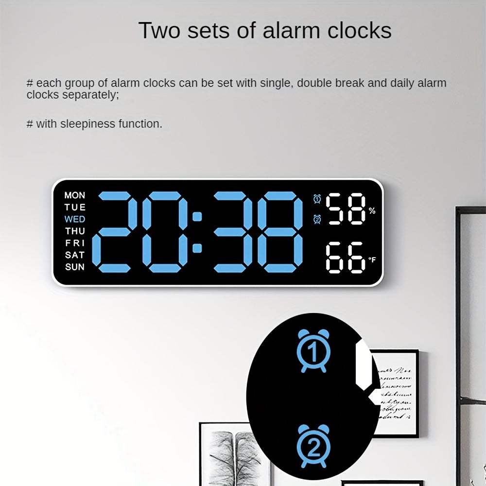 Large 12/24H Digital Wall Clock with Temperature and Humidity Display - Brightness Adjustable, LED Table Alarm Clock with Week Display, Electronic Snooze Function, Compact Design for Home or Office