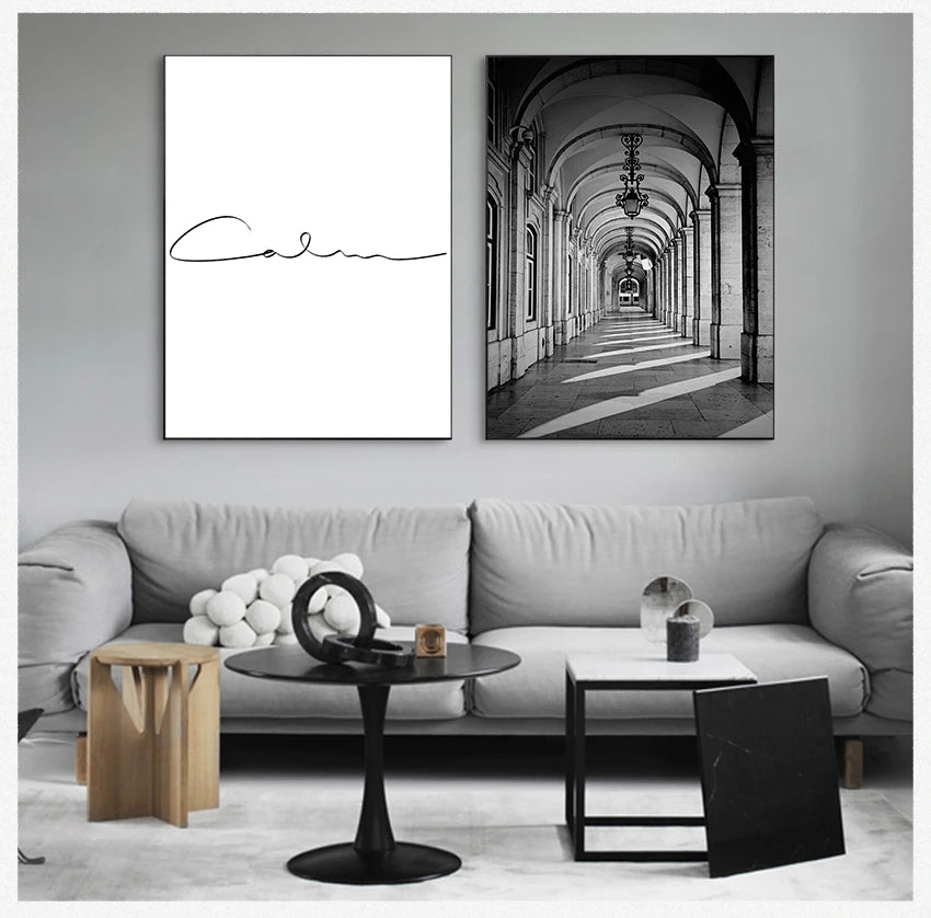Wandkunst S Drucke Wandbilder für Wohnzimmer skandinavische nordische schwarz-weiße Gebäude Leinwand Malerei Mädchen -  Leinwand