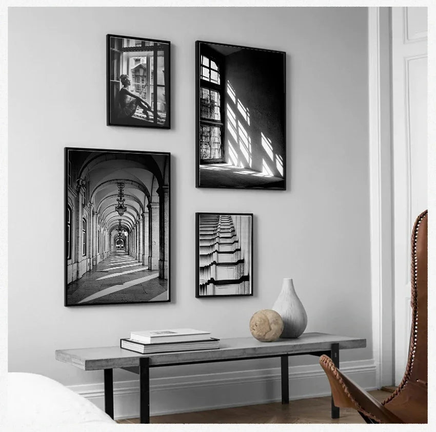Wandkunst S Drucke Wandbilder für Wohnzimmer skandinavische nordische schwarz-weiße Gebäude Leinwand Malerei Mädchen -  Leinwand