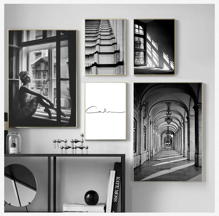 Wandkunst S Drucke Wandbilder für Wohnzimmer skandinavische nordische schwarz-weiße Gebäude Leinwand Malerei Mädchen -  Leinwand