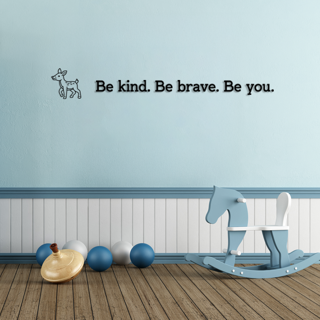 Children's room with a light blue wall, rocking horse, and motivational quote. Acrylic glas dekor - Vibewall