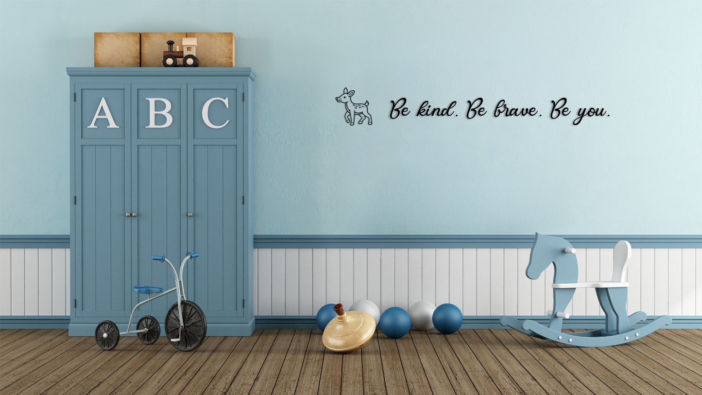 Children's room with blue cabinet, tricycle, and toys against a light blue wall with motivational quote. Acrylic Dekor - Vibewall
