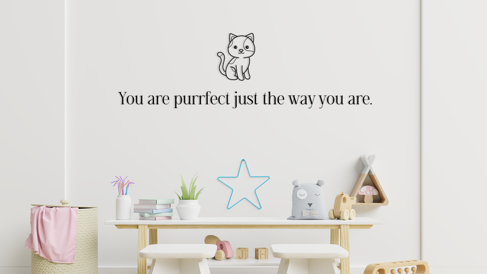 Children's room with a table, chairs, and decorative items on a white wall with a cat illustration and text. - Acrylic glas dekor - Vibewall
