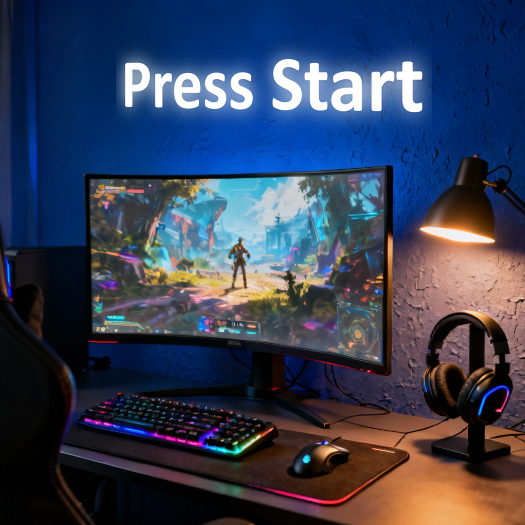 Gaming setup with monitor, keyboard, mouse, and headphones on a desk with 'Press Start' text above. illuminated letters from Vibewall!