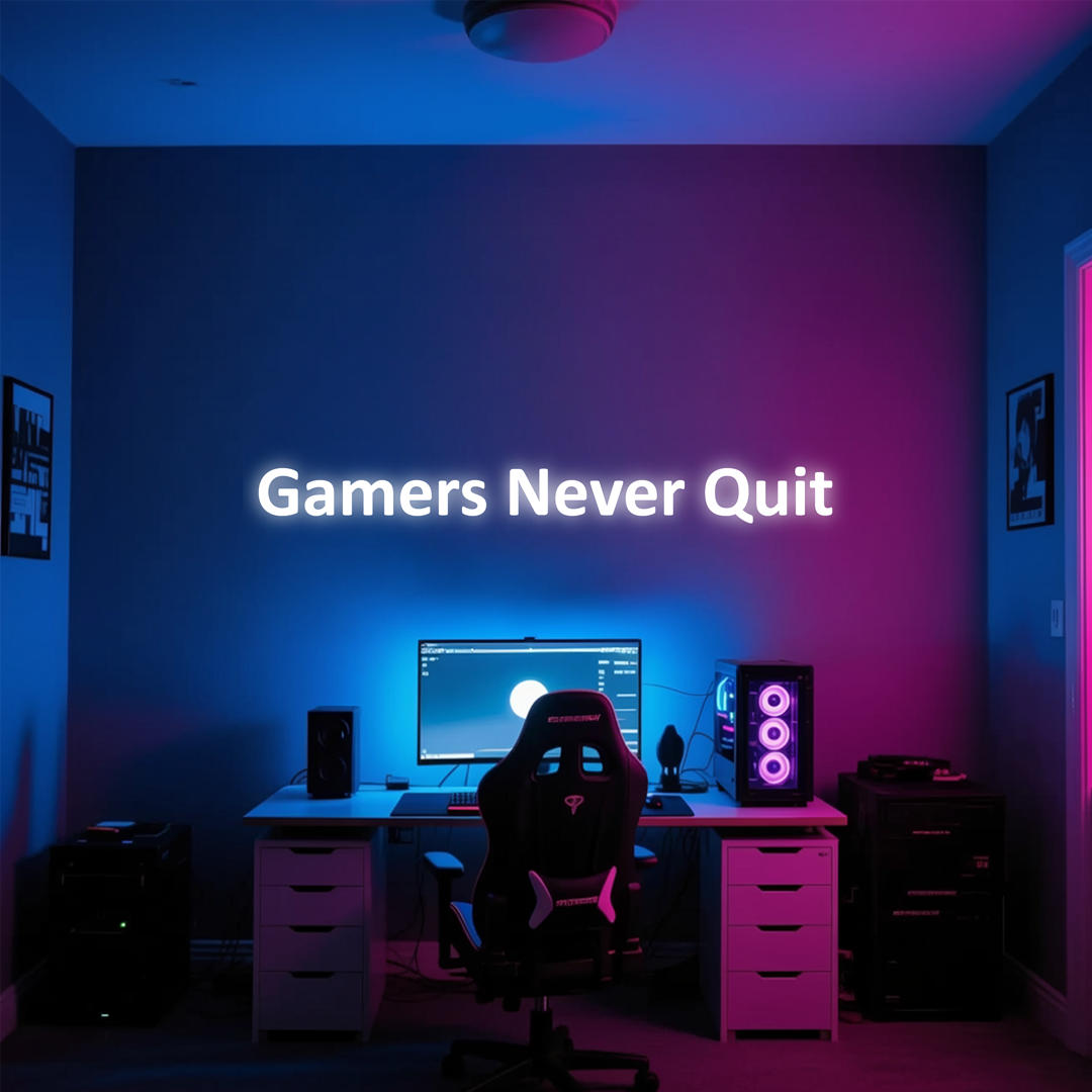 Gaming room with 'Gamers Never Quit' neon sign, computer setup, and gaming chair. Illuminated letters custom from Vibewall