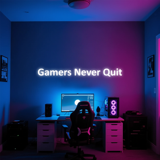 Gaming room with 'Gamers Never Quit' neon sign, computer setup, and gaming chair. Illuminated letters custom from Vibewall