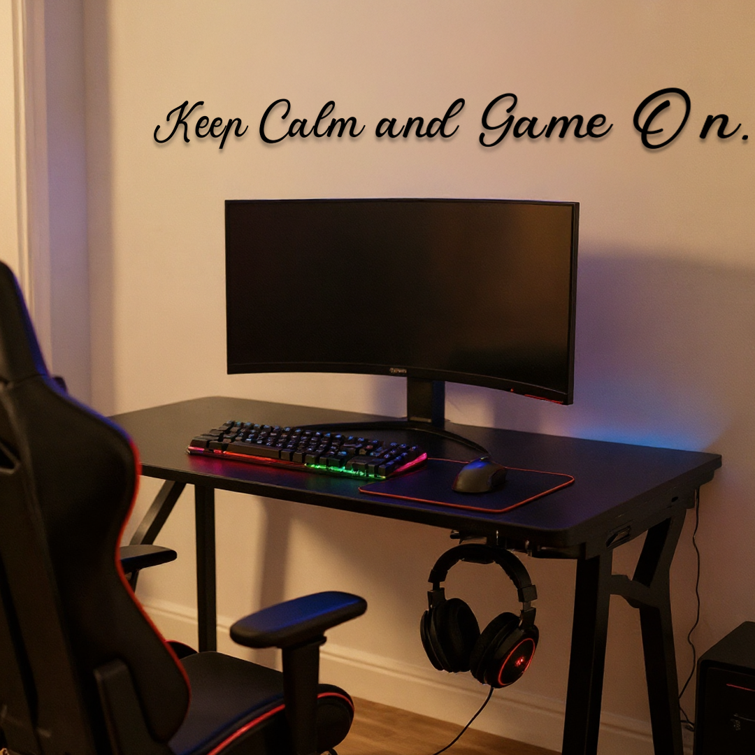 Gaming setup with monitor, keyboard, mouse, and headphones on a desk with 'Keep Calm and Game On' quote. Acrylic glas dekor - Vibewall