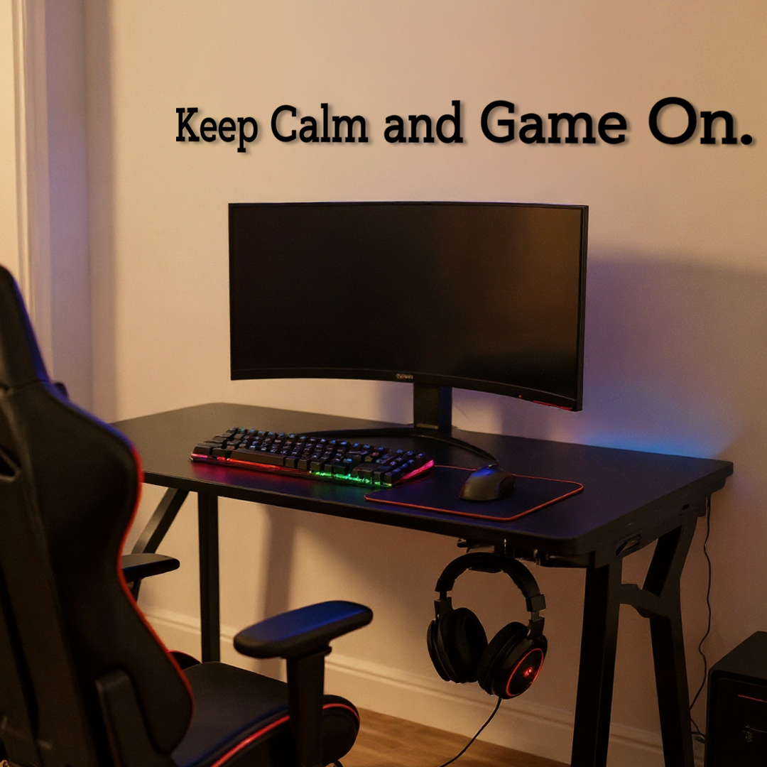 Gaming setup with monitor, keyboard, mouse, and headphones on a desk with 'Keep Calm and Game On' quote. Arcylic glas dekor - Vibewall