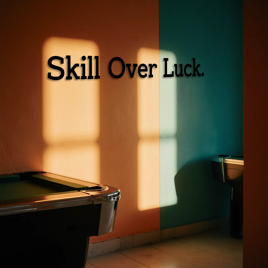 Pool table with 'Skill Over Luck' text on a wall with colorful light patterns - Acrylic glas dekor - Vibewall