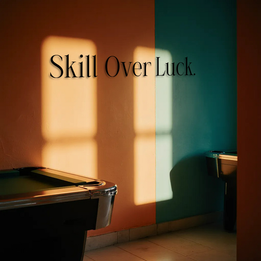 Pool table with 'Skill Over Luck' text on a multicolored wall. Acrylic glas dekor - Vibewall